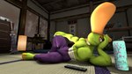 anthro bottomwear can clothing container controller detailed_background feet green_body green_skin hair hand_on_head hand_on_knee hand_on_leg inside japanese_room lying male muscular muscular_anthro muscular_male orange_hair pants pecs pompadour purple_bottomwear purple_clothing purple_pants red_body red_skin remote_control solo stomach_wraps text weapon mightyk asian_mythology east_asian_mythology japanese_mythology level-5 mythology yo-kai_watch roughraff lizard reptile scalie yokai 16:9 2024 3d_(artwork) digital_media_(artwork) hi_res japanese_text widescreen