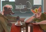 anthro beverage blonde_hair blue_eyes cellphone claws clothed clothing coffee desk diner duo electronics female fur furniture hair holding_object lips long_hair male open_mouth pepper_shaker phone restaurant salt_shaker sitting stirring table teeth tongue white_hair window yellow_eyes bludermaus mammal mephitid murid murine rat rodent skunk 2017 colored digital_media_(artwork) signature