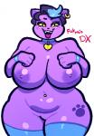 anthro areola big_breasts biped black_hair blue_hair bracelet breasts clothing collar curvy_figure ear_piercing erect_nipples female freckles fur genitals glistening_eyelids hair huge_breasts jewelry legwear lidded_eyes looking_at_viewer mostly_nude multicolored_hair narrowed_eyes navel navel_piercing nipples open_mouth overweight overweight_anthro overweight_female piercing purple_body purple_fur pussy sharp_teeth short_hair solo standing teeth thick_thighs thigh_highs two_tone_hair voluptuous wide_hipped_female wide_hips yellow_sclera fukmin-dx undertale undertale_(series) catty_(undertale) domestic_cat felid feline felis mammal 2016 digital_media_(artwork)