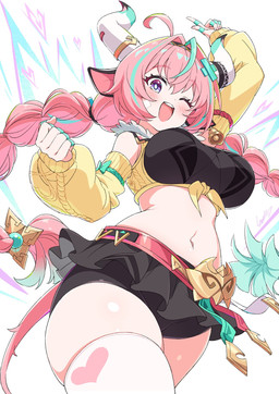 2_horns animal_ears armwear big_breasts black_bottomwear black_clothing black_shorts black_skirt blush bottomwear braided_pigtails breasts clothing detached_sleeves female hair horn legwear light_body light_skin midriff navel one_eye_closed open_mouth pink_hair shirt shorts simple_background skirt solo tail thigh_highs topwear white_background kamuraaa_615 genshin_impact mihoyo varesa_(genshin_impact) animal_humanoid bovid bovid_humanoid bovine bovine_humanoid cattle_humanoid humanoid mammal mammal_humanoid half-length_portrait hi_res portrait