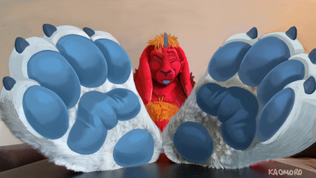 3_toes 4_toes anthro blep blonde_hair blue_claws blue_horn blue_pawpads blue_tongue claws clothing costume eyes_closed feet floppy_ears foot_fetish foot_focus foot_on_table fur furniture fursuit hair hindpaw horn long_ears male orange_body orange_hair pawpads paws red_body red_fur simple_background smile soles solo table toe_claws toes tongue tongue_out white_body white_feet white_fur kaomoroart mythology cirez hybrid lagomorph leporid mammal mythological_creature rabbit 16:9 draw_over widescreen
