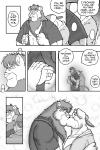 2:3 anthro canid canine canis clothing comic dialogue domestic_dog english_text felid greyscale kissing lion male male/male mammal monochrome pantherine ring ryuu_majin sad text