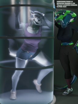anthro black_bottomwear black_clothing black_topwear blue_bottomwear blue_clothing blue_shorts bottomwear clothed clothed_anthro clothed_female clothing dominant dominant_anthro duo female footwear hand_on_head hand_on_hip laugh midriff mind_control purple_clothing purple_topwear screen shoes shorts snake_hood standing submissive submissive_anthro submissive_female tail text timer topwear tube thalarynth petruz_(modeler) carmen_(thalarynth) cobra_(petruz) kathy_(thalarynth) wolf_(petruz) canid canine canis cobra mammal reptile scalie snake wolf 2023 3:4 3d_(artwork) digital_media_(artwork) english_text hi_res