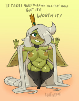 4_fingers areola armwear belly big_breasts blush blush_lines bracelet breasts clothing collar collar_tag crown curvy_figure deep_navel eyebrow_through_hair eyebrows eyelashes eyeliner feet female female_humanoid fingers front_view garter_belt garter_straps genitals glistening glistening_body glistening_hair glistening_skin gold_(metal) gold_bracelet gold_jewelry gradient_background green_body green_eyes green_skin hair hair_over_eye headgear heart_collar_tag heart_eyes heart_symbol huge_ears huge_hips humanoid_pointy_ears inverted_nipples jewelry legwear long_ears long_eyelashes long_hair looking_aside looking_away makeup mascara mostly_nude navel nipples not_furry one_eye_obstructed orange_nipples pointy_ears pose queen royalty shortstack shortstack_female simple_background slightly_chubby slightly_chubby_female slightly_chubby_humanoid small_feet smile solo standing tear_trough teeth text thick_thighs thigh_highs translucent translucent_hair voluptuous vulva white_hair wide_hips huffslove third-party_edit terranort_terumi_(colorist) regina_(huffslove) goblin humanoid 2021 color_edit colored digital_media_(artwork) english_text full-length_portrait hi_res portrait signature