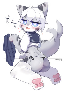 anthro asian_clothing black_clothing black_panties black_underwear blue_eyes blush bottomwear bottomwear_down butt clothed clothing east_asian_clothing fin grey_body hair heart_symbol japanese_clothing legwear looking_at_viewer male open_mouth panties partially_clothed pawpads paws school_uniform shark_tail shirt side-tie_panties side-tie_underwear simple_background skirt skirt_down solo stockings stripes tail teeth thong topwear underwear uniform white_body white_clothing white_hair white_legwear white_stockings cheesefries changed_(video_game) tiger_shark_(changed) aquatic canid canine fish mammal shark hi_res