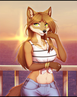 5_fingers anthro black_bars black_nose bottomwear bracelet breasts brown_hair clothed clothing crop_top denim denim_bottomwear denim_clothing detailed_background eyelashes female fingers fur hair jeans jewelry midriff navel pants seaside shirt smile solo standing sunset tan_body tan_fur tan_hair tied_shirt topwear kyotoleopard sophie_(jazznight) canid canine fox mammal 2018 4:5 digital_media_(artwork) hi_res shaded