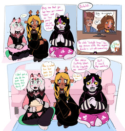 alternative_fashion anthro blonde_hair blush brown_body brown_fur clothed clothing crossdressing eyewear female fur glasses goth group hair humor male sitting sleepover text trio watching_movie white_body white_fur ludwignightly deltarune twilight_(series) undertale_(series) bella_swan catti_(deltarune) edward_cullen noelle_holiday ralsei bovid caprine deer goat mammal new_world_deer reindeer absurd_res english_text hi_res