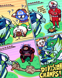 4_panel_comic ambiguous_gender american_football armor bodily_fluids feral flying gameplay_mechanics group headgear helmet mascot pickaxe pokeball pokemon_battle question_mark spiral spiral_eyes sport sweat text shen_comix arizona_cardinals los_angeles_rams nfl nintendo pokemon san_francisco_49ers seattle_seahawks blitz_the_seahawk generation_1_pokemon generation_8_pokemon geodude human mammal pidgey pokemon_(species) wooloo 2026 4:5 comic english_text hi_res