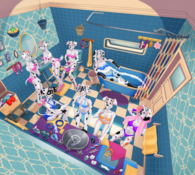 aged_up anthro anthrofied basket bathing bathroom bathtub bikini bikini_bottom bikini_bottom_down bikini_top breasts brush brushing brushing_teeth butt cellphone claw_foot_bathtub cleavage clothed clothing collar container detailed_background electronics feet female footwear fur group holding_brush holding_cellphone holding_object holding_phone holding_smartphone holding_toothbrush inside looking_at_viewer lying markings mirror navel on_back open_mouth partially_submerged phone sandals shoes shower shower_head sink sitting sitting_on_toilet smartphone smile sponge spots spotted_body swimwear tail toilet toilet_use toothbrush toothpaste towel towel_around_neck two-piece_swimsuit water dal101strefan 101_dalmatian_street 101_dalmatians disney da_vinci_(101_dalmatians) dallas_(101_dalmatians) dee_dee_(101_dalmatians) deja_vu_(101_dalmatians) destiny_(101_dalmatians) dizzy_(101_dalmatians) dolly_(101_dalmatians) dorothy_(101_dalmatians) triple_d_(101_dalmatians) canid canine canis dalmatian domestic_dog mammal digital_media_(artwork) hi_res sibling_(lore) sister_(lore) sisters_(lore) triplets_(lore)