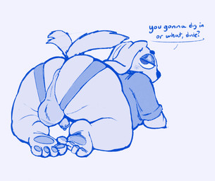 4_toes all_fours anthro anus ass_up backsack balls beckoning big_butt biped bottomless butt clothed clothing dialogue feet foreskin genitals gesture half-closed_eyes hindpaw inviting_viewer lidded_eyes looking_at_viewer looking_back looking_back_at_viewer male narrowed_eyes overweight overweight_anthro overweight_male pawpads paws penis presenting presenting_hindquarters rear_view requesting sex_request shirt solo speech_bubble tail tail_motion tailwag talking_to_viewer text thick_thighs toes topwear mascotfucker canid canine canis domestic_dog mammal 2024 blue_and_white english_text hi_res monochrome