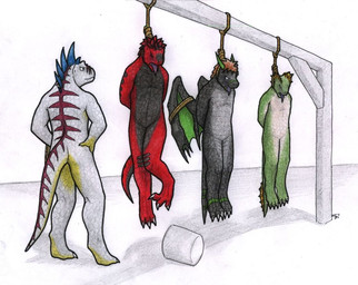 anthro asphyxiation black_body black_skin brown_hair claws death frown green_body green_skin group hair hanged imminent_death male mean noose nude red_body red_skin simple_background standing tongue tongue_out white_background white_body white_claws white_skin wings_tied yellow_body yellow_skin brokensoul furx_(character) lizard reptile scalie 2011 signature traditional_media_(artwork)
