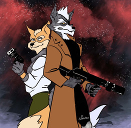 action_pose anthro back_to_back clothing coat cosmic_background duo eye_patch eyewear fur gloves grey_body grey_fur gun handwear holding_gun holding_object holding_ranged_weapon holding_rifle holding_weapon male male/male orange_body orange_fur pose ranged_weapon rifle sky standing star starry_background starry_sky tail topwear trenchcoat weapon silk-ward a_fox_in_space nintendo star_fox fox_mccloud wolf_o'donnell canid canine canis fox mammal wolf hi_res signature