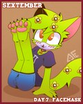 anthro border bottomwear claws clothing collar face_mask femboy flower male medal pawpads paws plant red_border shirt shoeless shorts solo topwear young young_anthro young_male conditional_dnp tdfoxoo sextember mocho domestic_cat felid feline felis mammal 4:5 absurd_res hi_res