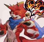 anthro claws codpiece elemental_manipulation fire fire_manipulation heart_symbol horn male navel one_eye_closed red_body scarf solo wink yellow_eyes glacier_up_sun bandai_namco digimon digimon_ghost_game betelgammamon digimon_(species) absurd_res hi_res