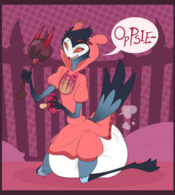 ageplay anthro border clothed clothing dialogue diaper feathers feces hair infantilism male onesie onesie_open open_mouth pacifier pooping rattle red_border red_eyes roleplay scatplay smile soiled_diaper soiling soiling_diaper solo tail text unclean_diaper used_diaper using_diaper wearing_diaper bubblepuppers hellaverse helluva_boss stolas_(helluva_boss) avian bird owl owl_demon digital_drawing_(artwork) digital_media_(artwork) english_text hi_res
