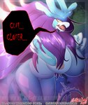 2_tails 3_fingers anthro areola big_breasts blue_body blue_fur breasts dialogue female fingers fur gem genitals hair horn huge_breasts looking_at_viewer mane multi_tail navel nipples open_mouth purple_mane pussy red_eyes slightly_chubby slightly_chubby_female solo speech_bubble spiked_tail spikes spikes_(anatomy) tail teeth text yellow_sclera all-starwarriors game_freak nintendo pokemon ancient_pokemon generation_9_pokemon paradox_pokemon pokemon_(species) walking_wake absurd_res hi_res