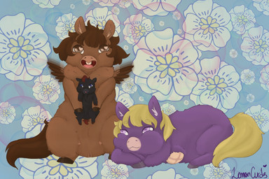 ambiguous_gender amputee black_body black_fur blonde_hair blue_eyes brown_body brown_eyes brown_fur brown_hair disability female feral floral_background flower fur genitals group hair missing_leg plant purple_body purple_eyes purple_fur trio vulva wings young young_feral lemoncurds fluffy_pony mythology equid equine fluffy_pony_(species) mammal mythological_creature mythological_equine pegasus hi_res