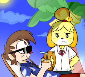 4_fingers anthro banana bangs bell_hair_tie bent_arm beverage black_eyes black_eyewear black_nose black_sunglasses blonde_hair blue_bottomwear blue_clothing blue_dress_shirt blue_skirt blue_sky bottomwear brown_hair button_(fastener) chair closed_frown clothed clothed_anthro clothed_female clothed_human clothed_male clothing cloud drinking_straw duo eye_contact eyebrow_through_hair eyebrows eyewear facial_markings female female_anthro fingers floppy_ears food frown frowning_at_another fruit fully_clothed fully_clothed_anthro fully_clothed_female fully_clothed_human fully_clothed_male fur furniture hair head_markings holding_beverage holding_clothing holding_object light looking_at_another lop_ears male male_human markings mouth_closed multicolored_hair on_chair orange_ears orange_hair outside palm_tree plant ponytail pupils red_bottomwear red_clothing red_hair_tie red_nose red_shorts short_hair shorts skirt sky standing sun sunglasses tan_body tan_skin thin_eyebrows translucent translucent_hair tree two_tone_hair white_dress_shirt white_markings white_pupils yellow_body yellow_fur cookieboy011 animal_crossing nintendo isabelle_(animal_crossing) villager_(animal_crossing) canid canine canis domestic_dog human mammal shih_tzu toy_dog 2020 colored digital_drawing_(artwork) digital_media_(artwork) english_description lighting shaded story story_in_description