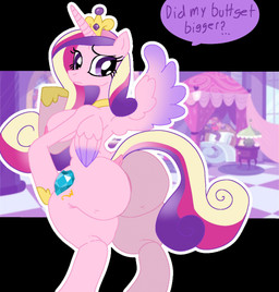 1_horn anthro areola big_butt black_border border breasts butt crown cutie_mark dialogue eyelashes feathered_wings feathers female hair headgear horn looking_back multicolored_hair multicolored_tail nude pink_areola pink_horn purple_eyes rear_view solo speech_bubble tail text thick_thighs wide_hips wings mschaox6 friendship_is_magic hasbro my_little_pony mythology princess_cadance_(mlp) equid equine mammal mythological_creature mythological_equine winged_unicorn hi_res