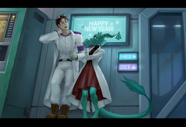 2_horns anthro barefoot black_bars claws clothing coat container cup door dress drinking duo eyewear eyewear_on_head feet female fin finger_claws glass_door goggles goggles_on_head head_fin horn horn_jewelry inside jewelry lab_coat machine male metal_wall red_clothing red_dress tail tail_fin text topwear vending_machine lowfunctioningfastrunningsnail space_station_13 human mammal reptile scalie unathi english_text hi_res letterbox