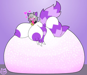 bell bell_collar belly belly_expansion big_belly breast_expansion breasts claws collar egg expansion female fur grey_hair hair heart_eyes heart_symbol huge_belly hyper hyper_belly immobile long_tongue pregnant purple_body purple_fur sharp_teeth solo tail teeth thigh_expansion tongue tongue_out komfy46 konny_(komfy46) animal_humanoid cat_humanoid felid felid_humanoid feline feline_humanoid humanoid hybrid mammal mammal_humanoid