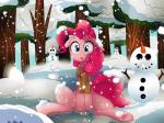 blue_eyes female feral fur hair outside pink_body pink_fur pink_hair plant scarf sitting snow snowman solo tree winter umeguru vocaldraw friendship_is_magic hasbro my_little_pony pinkie_pie_(mlp) earth_pony equid equine horse mammal pony 2013 hi_res