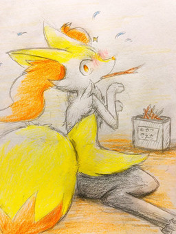 ambiguous_anthro ambiguous_gender anthro big_tail biped blush blushing_profusely bodily_fluids caught_in_the_act detailed_background digitigrade dipstick_tail eating embarrassed flying_sweatdrops inside looking_at_viewer looking_back looking_back_at_viewer markings rear_view sitting snout solo stick_in_mouth sweat sweatdrop tail tail_markings three-quarter_view wariza wide_eyed eiroru nintendo pokemon braixen canid generation_6_pokemon mammal pokemon_(species) 2018 3:4 colored_pencil_(artwork) full-length_portrait graphite_(artwork) japanese_description portrait traditional_media_(artwork) translated_description