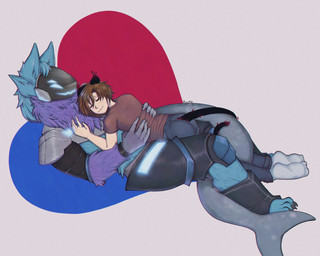 4_ears anthro cuddling duo fluffy happy larger_anthro machine male male/male multi_ear neck_tuft size_difference smaller_human tail tail_coil tuft kurryplate_(sharpcard) human mammal protogen 5:4 absurd_res hi_res