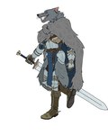 anthro armor armor_plates armored_gloves blue_eyes boots brooch cape clothing couter cuisse ears_down fangs footwear fur fur_clothing fur_coat gauntlets gloves grey_body grey_fur handwear holding_melee_weapon holding_object holding_sword holding_weapon inner_ear_fluff leather leather_boots leather_clothing leather_footwear looking_aside male medieval_armor melee_weapon open_mouth pivoted_ears plackart plate_armor poleyn scar shoes simple_background solo sword tassets teeth teeth_showing tongue tuft vambrace weapon whiskers white_background bartek22 elden_ring fromsoftware blaidd_(elden_ring) 2024 absurd_res digital_media_(artwork) hi_res