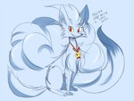 bell bell_collar blue_body collar feral humor looking_at_viewer male simple_background smile solo tail text fiddleafox nintendo pokemon amare_(fiddleafox) generation_1_pokemon ninetales pokemon_(species) shiny_pokemon 4:3 digital_media_(artwork) english_text