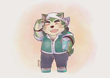 anthro beverage blush chibi clothing fur green_body green_fur jacket kerchief male slightly_chubby solo topwear igarashi_ta lifewonders live_a_hero mokdai canid canine canis domestic_dog mammal hi_res
