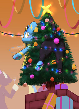 blush bound butt christmas_tree convenient_censorship duo electricity feral gift holidays lights male party pawpads paws plant raised_tail solo_focus stuck suggestive tail tree kurohane_karasu christmas nintendo pokemon generation_4_pokemon lopunny pokemon_(species) shinx