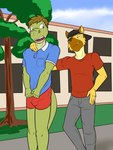 anthro backwards_baseball_cap backwards_hat baseball_cap bottomwear boxer_briefs bulge clothed clothing duo embarrassed fully_clothed fur furgonomics green_body green_scales hand_on_shoulder hat headgear headwear male male/male outside pants pantsless polo_shirt scales shirt t-shirt topwear underwear yellow_body yellow_fur fuze fuzeyeen gabriel_(fuze) alligator alligatorid crocodilian hyena mammal reptile scalie spotted_hyena 3:4 hi_res