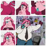 anthro balls blue_pawpads bodily_fluids bottomwear butt clenched_teeth clothing denim denim_bottomwear denim_clothing dripping ellipsis erection genital_fluids genitals hair half-closed_eyes humanoid_genitalia humanoid_penis jeans male narrowed_eyes nude overweight overweight_anthro overweight_male pants pawpads paws penis pink_hair precum precum_drip precum_string presenting presenting_balls presenting_hindquarters red_hair suit_jacket teeth vein veiny_penis wide_eyed mocheccino domestic_cat felid feline felis mammal