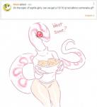 2019 albino anthro ask_blog bowl clothed clothing colubrid comic container corn_snake cornelia_(glacierclear) curious_cat digital_media_(artwork) english_text female food glacierclear hi_res lampropeltini legged_snake muffin rat_snake red_eyes reptile scalie simple_background snake solo text