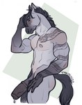 anatomically_correct anatomically_correct_genitalia anatomically_correct_penis animal_genitalia animal_penis anthro athletic athletic_anthro athletic_male blush bodily_fluids butt equine_genitalia equine_penis equine_tail erection fur genital_fluids genitals grey_body grey_fur half-closed_eyes male medial_ring narrowed_eyes nipples nude pecs penis precum solo tail tattoo vein veiny_penis jnkyrd bronx_(giver) equid equine horse mammal 2023 digital_media_(artwork) hi_res