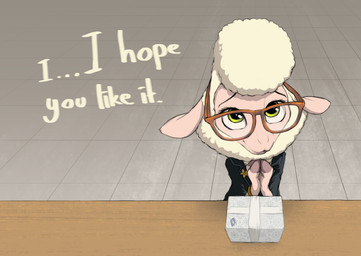 anthro box clothed clothing container dialogue eyewear female fur furniture gift_box glasses hair looking_at_viewer solo table talking_to_viewer text wearing_glasses wulfruna disney zootopia dawn_bellwether bovid caprine domestic_sheep mammal sheep digital_media_(artwork) english_text