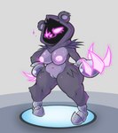 anthro belly breasts claw_(weapon) clawed_gauntlets claws energy_claws feathers female fur genitals glowing glowing_eyes glowing_nipples hood melee_weapon nipples nude purple_body purple_fur pussy sabatons shadow_face short_stack simple_background slightly_chubby solo thick_thighs weapon pinkupinkish epic_games fortnite raven_team_leader bear mammal absurd_res hi_res