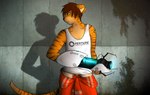 amber_eyes anthro brown_hair brown_nose chamber claws clothing countershading fur hair jumpsuit male moss orange_body orange_fur plant portal_gun shirt solo tank_top topwear mytigertail aperture portal_(series) valve gabe_(mytigertail) felid mammal pantherine tiger 2014 digital_media_(artwork) hi_res