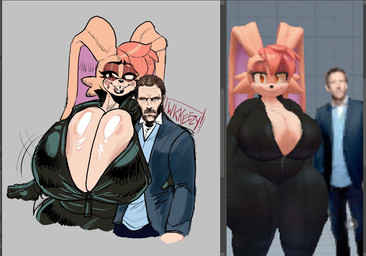 anthro beard big_breasts big_ears black_bodysuit black_clothing black_nose black_skinsuit blue_clothing blue_eyes blue_topwear blush blush_lines bodysuit breasts brown_beard brown_eyeshadow brown_facial_hair brown_hair cleavage clothed clothing duo eyelashes facial_hair female floppy_ears front_view fur grey_background hair head_tuft huge_breasts human_on_anthro hyper hyper_breasts interspecies long_ears looking_at_viewer lop_ears male mature_female narrowed_eyes pink_body pink_fur simple_background skinsuit smile tan_body tan_fur tan_skin teeth tight_clothing tooth_gap topwear tuft dedoggyskullz wkkeezy house.m.d. sega sonic_the_hedgehog_(series) gregory_house vanilla_the_rabbit human lagomorph leporid mammal rabbit