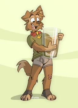 ankle_socks anthro bandage beverage black_clothing black_eyes black_footwear black_socks boxer_briefs brown_nose claws clothed clothing collar container cup drinking_glass footwear glass glass_container glass_cup green_clothing green_shirt green_topwear grey_boxer_briefs grey_clothing grey_underwear holding_glass holding_object male monotone_boxer_briefs monotone_clothing monotone_underwear open_mouth open_smile pantsless pantsless_anthro pantsless_male sharp_teeth shirt smile socks solo teeth teeth_showing toeless_footwear toeless_socks tongue_showing toony topwear underwear tinydeerguy matt_riskely canid canine canis domestic_dog mammal hi_res