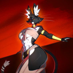abs accessory amber_eyes anthro arm_tuft armband athletic athletic_anthro athletic_female biceps big_breasts black_body black_fur black_lips bottomwear bracelet breasts claws cleavage clothed clothing ear_piercing ear_ring egyptian egyptian_clothing eyelashes female finger_claws fur gold_(metal) gold_jewelry inner_ear_fluff jewelry lips loincloth looking_at_viewer looking_down low-angle_view makeup mascara multicolored_body multicolored_fur muscular muscular_anthro muscular_female navel necklace piercing pose red_background red_sclera ring_piercing shoulder_tuft simple_background skimpy small_waist solo standing tail thick_thighs topwear tuft two_tone_body two_tone_fur under_boob usekh whiskers white_body white_fur white_inner_ear wide_hips muart242 bacardi_(muart242) domestic_cat felid feline felis mammal 2026 absurd_res hi_res pinup portrait three-quarter_portrait