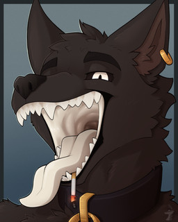 anthro black_body black_fur collar fur lit_cigarette looking_at_viewer male mouth_shot open_mouth solo tongue tongue_out white_internal arkailart canid canine canis mammal wolf 4:5 absurd_res hi_res