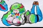 anthro bell big_breasts blush bow_tie breasts clothed clothing female fluffy fluffy_ear fluffy_tail freckles fur green_body green_fur green_hair hair horizontal_pupils horn looking_at_viewer lying on_front pupils solo tail teal_body teal_eyes teal_fur teal_hair teal_skin thick_thighs white_body white_skin sheebibites sheebi bovid caprine lagomorph leporid mammal rabbit sheep detailed hi_res traditional_media_(artwork)
