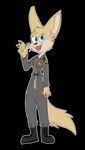 big_ears big_tail blue_eyes boots claws clothing curled_hair female footwear fur gesture grin hair jumpsuit military military_uniform shoes smile solo standing tail tan_body tan_fur uniform waving whiskers riffen matthews_(razumi) canid canine fennec_fox fox mammal true_fox absurd_res alpha_channel hi_res