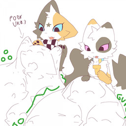 anthro belly big_belly dessert duo endosoma face_imprint female female_pred food huge_belly ice_cream imprint male male_pred multiple_prey oral_vore paw_imprint safe_vore text vore liwenenix liwen vanilla_(liwenenix) calico_cat domestic_cat felid feline felis mammal persian_cat 1:1 chromatic_aberration english_text hi_res