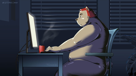anthro belly big_belly chair computer container cup detailed_background electronics furniture humanoid_hands inside kemono male mug navel night overweight overweight_male sitting solo tunx2 bear mammal 2022 hi_res