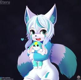 anthro blush clothed clothing female fur holding_object holding_plushie looking_at_viewer plushie smile solo teal_body teal_fur text white_body white_fur senz ailurid mammal red_panda absurd_res hi_res url