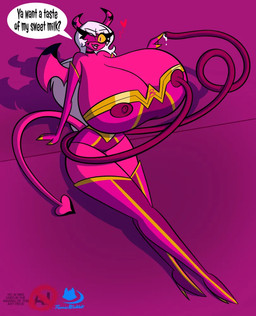 armwear big_breasts bodily_fluids bodysuit boots breasts clothing domino_mask elastic_nipples elbow_gloves eyemask eyewear female footwear gloves handwear high_heeled_boots high_heels huge_breasts lactating legwear leotard logo mask nipple_stretch nipples shoes skinsuit solo speech_bubble superhero superhero_costume tail text thigh_boots thigh_highs tight_clothing thomasbluewolf hellaverse helluva_boss breast_woman verosika_mayday demon humanoid succubus english_text