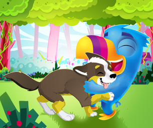 ambiguous_feral ambiguous_gender anthro beak biped black_nose blue_body brown_body brown_fur duo eyes_closed fangs feral fur grass head_tuft hug male male_anthro nude open_mouth open_smile outside pink_tongue plant quadruped smile standing striped_beak teeth tongue tuft white_body white_fur yellow_body yellow_fur pandapaco avian canid canine mammal hi_res